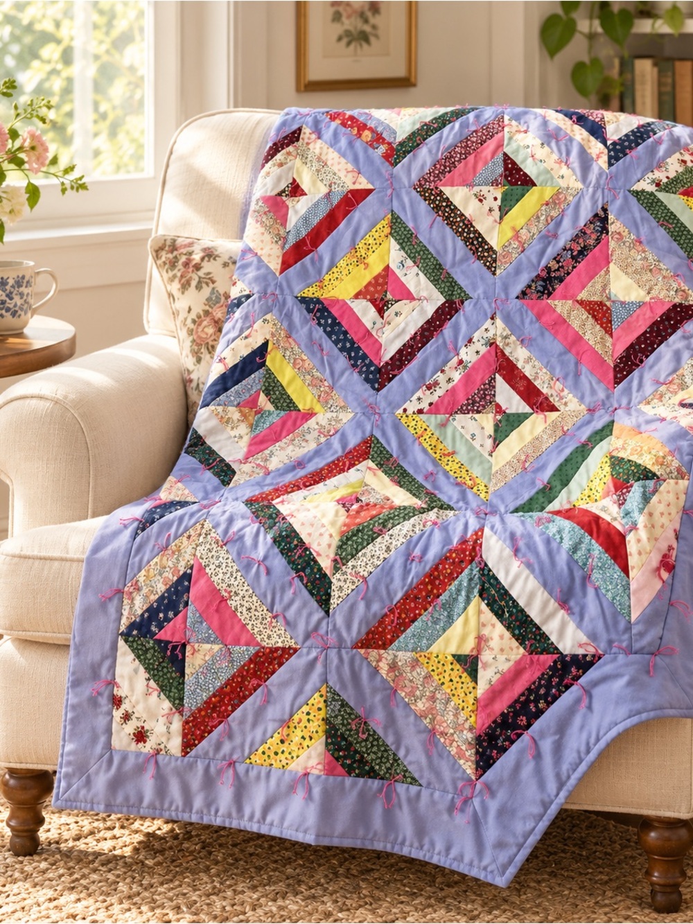 Handmade Cotton Vintage String Patchwork Tie Quilt 45x55 Multicolor Lap Throw Co